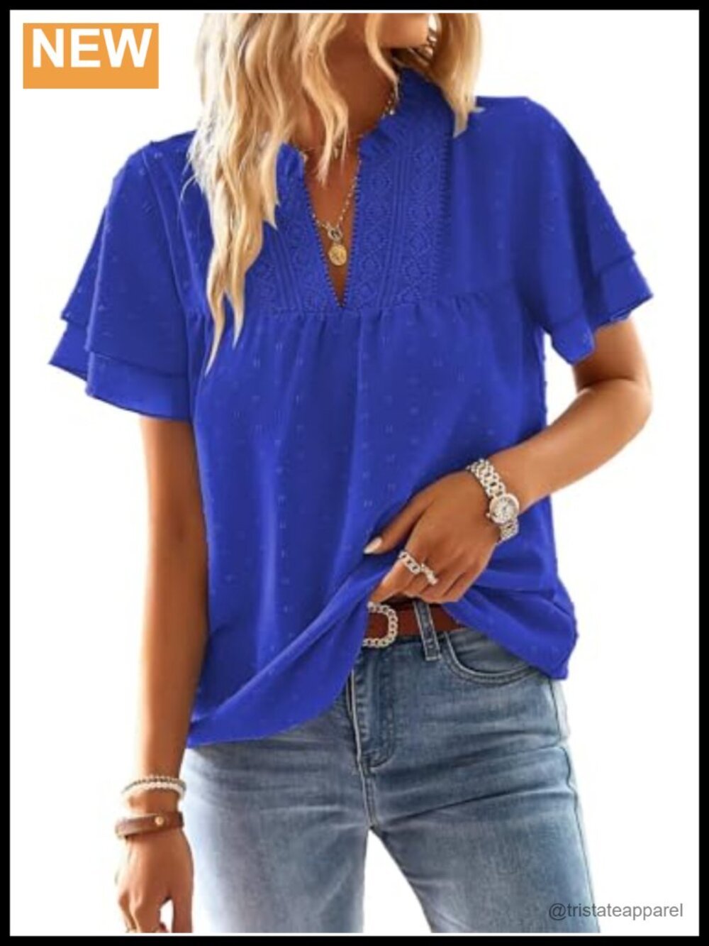 Women's V-Neck Butterfly Sleeve Crochet Lace Blouse Swiss Dot Tunic Top